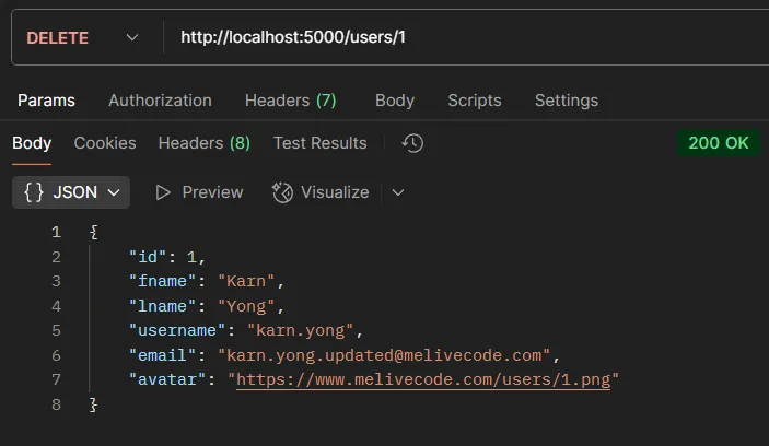 ตัวอย่างการทดสอบ API DELETE /users/:id