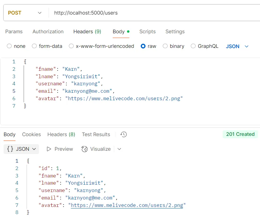 ตัวอย่างการทดสอบ API POST /users