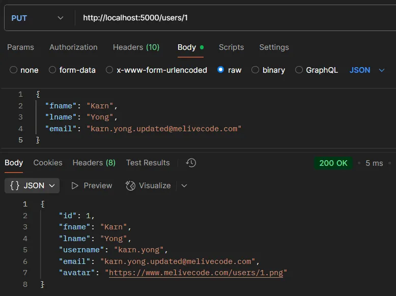 ตัวอย่างการทดสอบ API PUT /users/:id