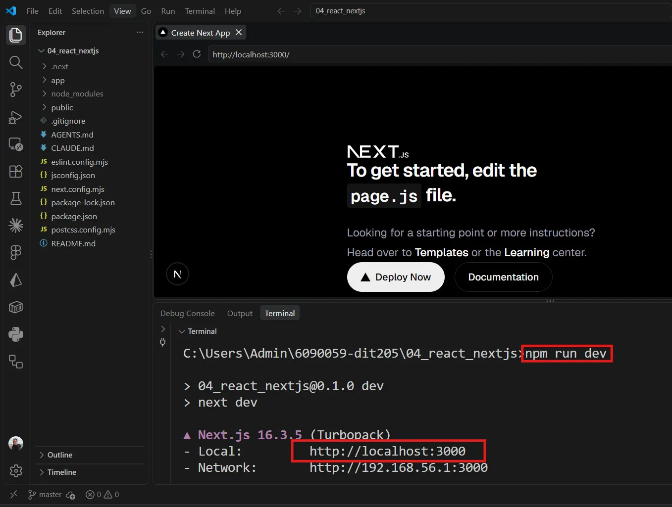 ผลลัพธ์หลังรัน npm run dev แสดงลิงก์ localhost:3000 และหน้าแอปในเบราว์เซอร์ของ VS Code