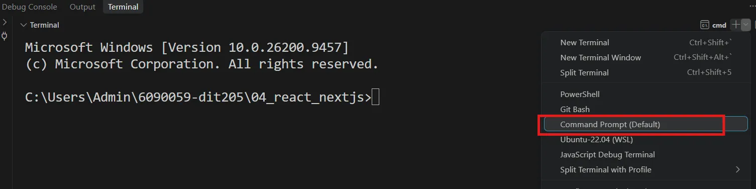 เลือก Command Prompt จากรายการ profile ของ Terminal