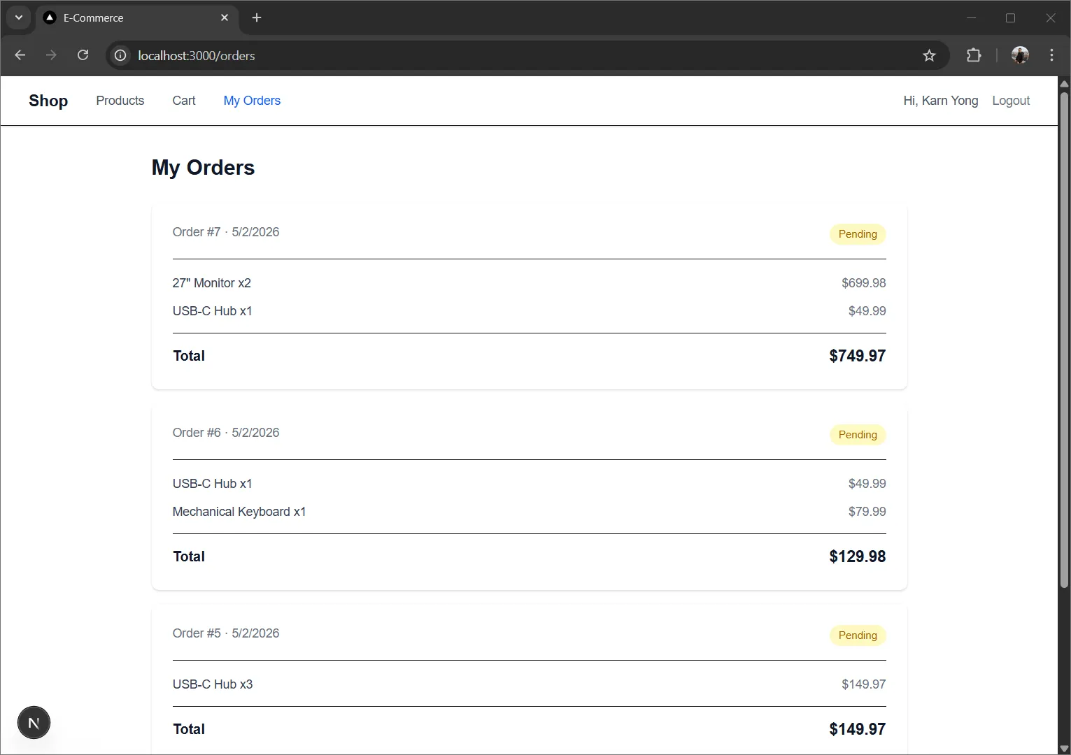 Storefront orders page