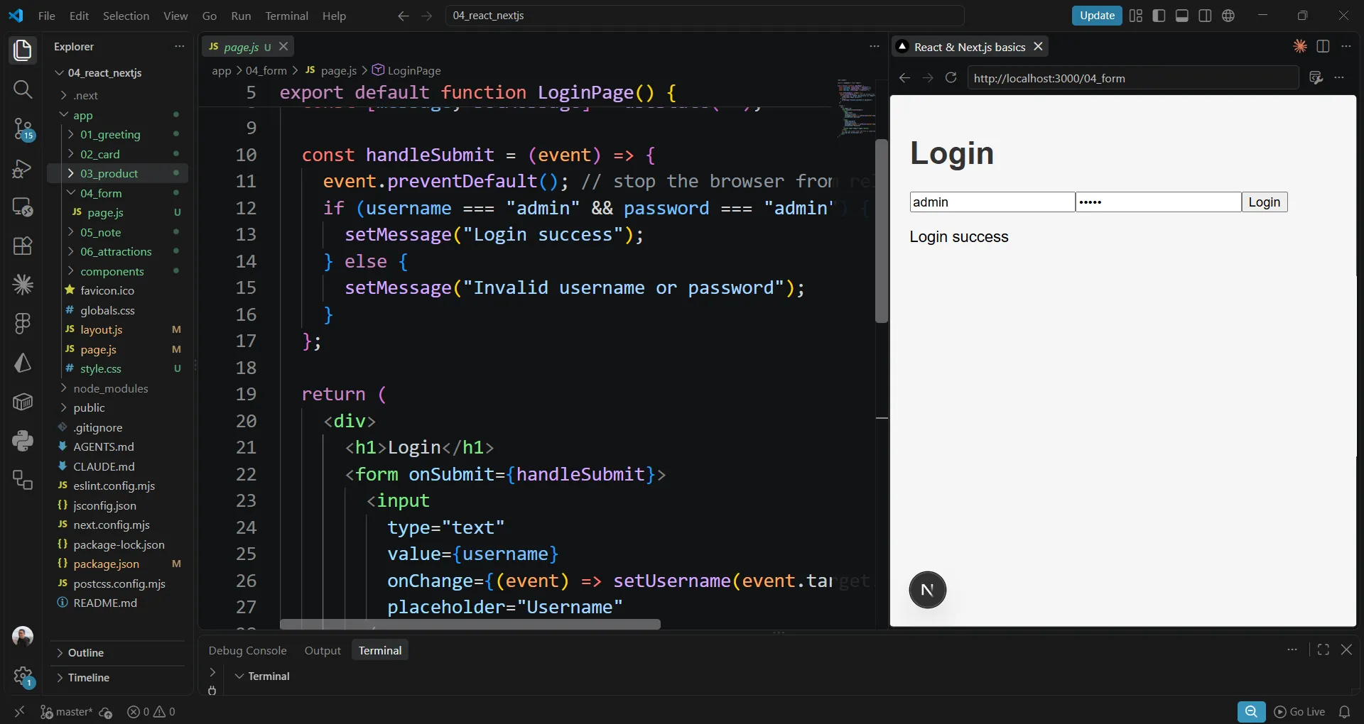 ผลลัพธ์จากหน้า 04_form หน้า /04_form ฟอร์มล็อกอินที่แสดง Login success