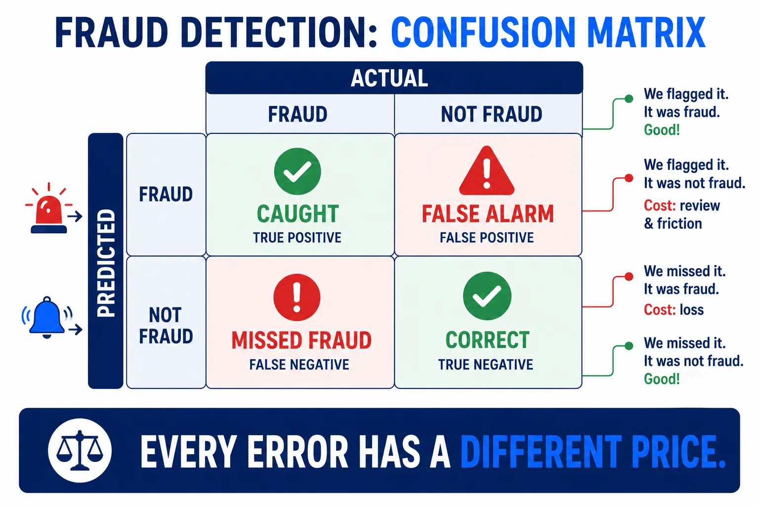 Confusion matrix — four outcomes: caught, missed, false alarm, correct