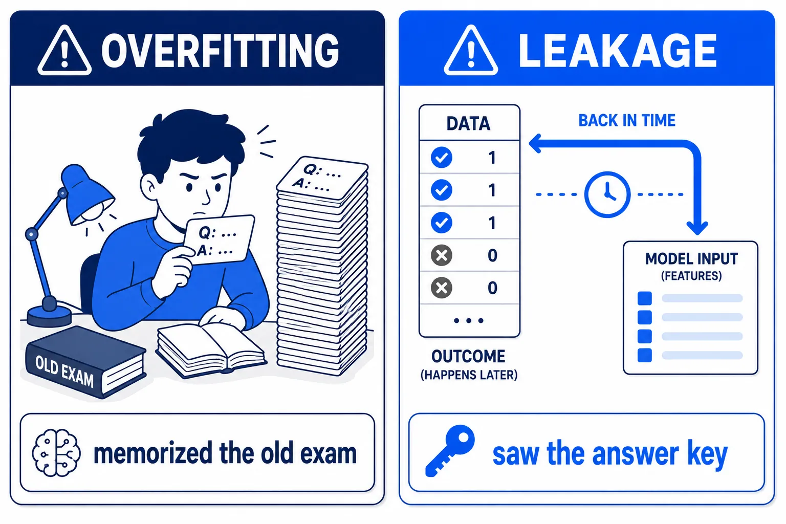 Overfitting vs leakage — a memorizing student on the left, a time-traveling column on the right