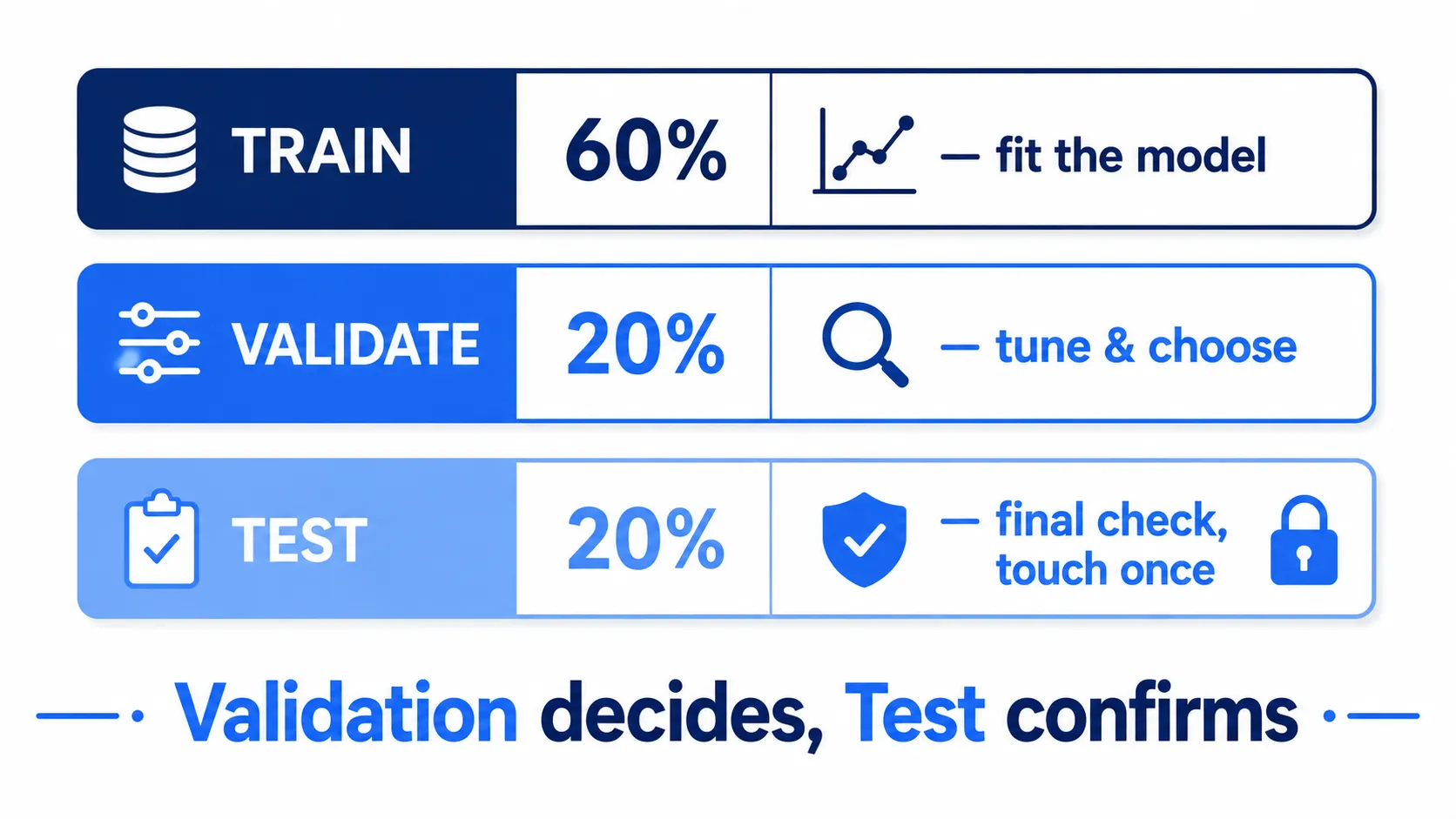 สามชุดข้อมูล — Train ใช้ fit, Validation ใช้ตัดสินใจ, Test ใช้ยืนยันครั้งเดียว