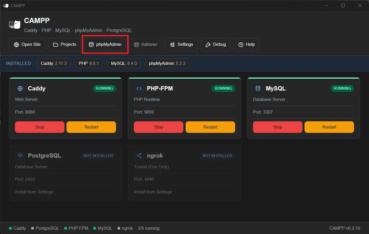 คลิกปุ่ม phpMyAdmin บนแอป CAMPP ปุ่ม phpMyAdmin บนแอป CAMPP
