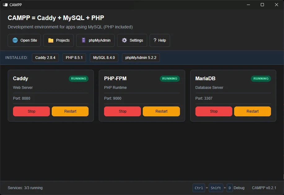 CAMPP Dashboard - เริ่ม Caddy, PHP, MySQL CAMPP Dashboard - เริ่ม Caddy, PHP, MySQL
