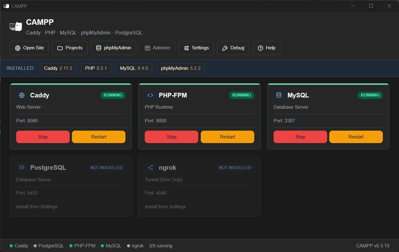 CAMPP Dashboard - เริ่มบริการ Web Server, PHP, Database CAMPP Dashboard