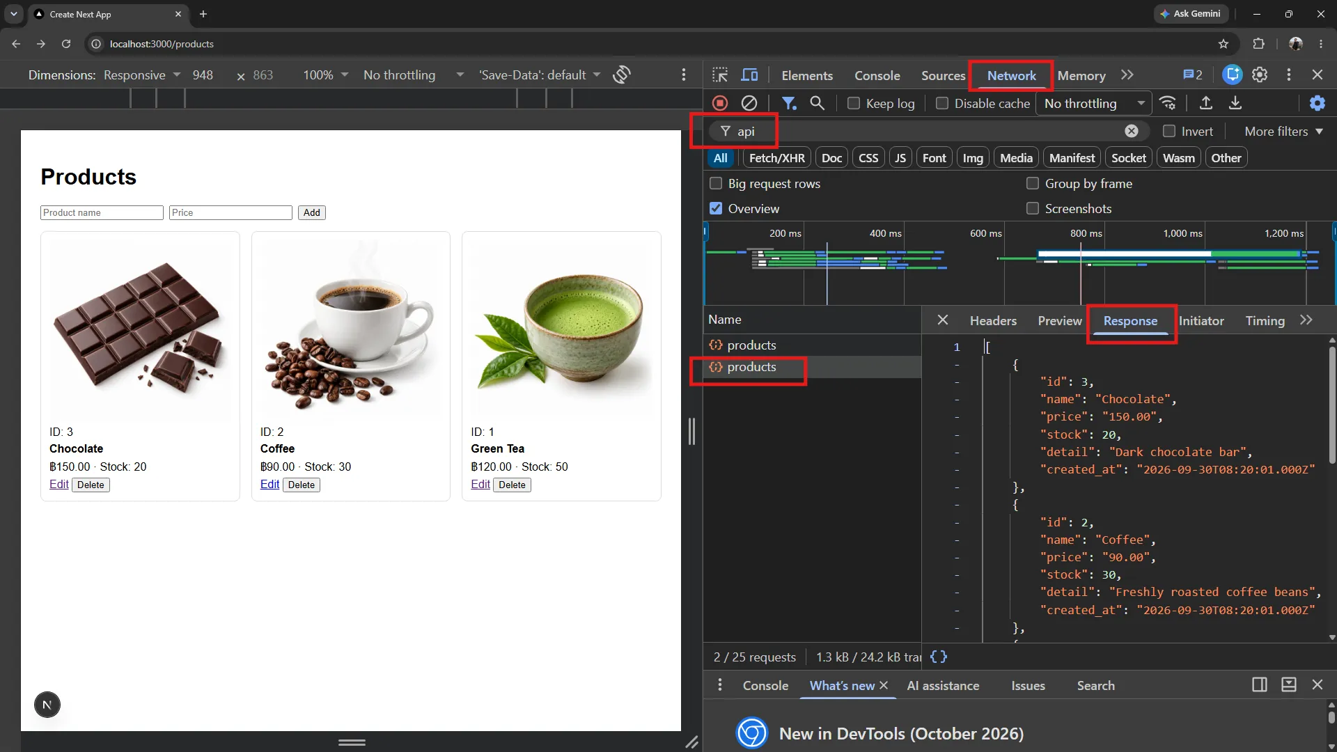 กรองด้วย api ในแท็บ Network เพื่อดู response ของ API DevTools แท็บ Network กรองด้วย api แสดง response ของ /api/products