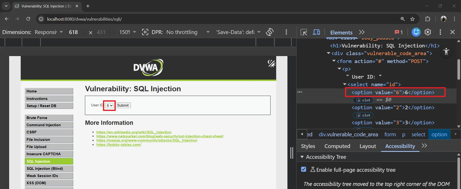 DVWA Inspect Dropdown Element DVWA Inspect Dropdown
