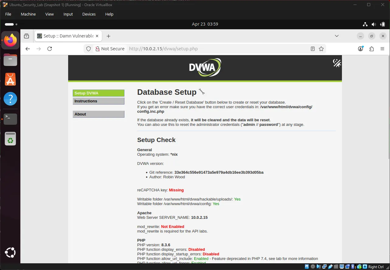 DVWA Setup Database Creation Page DVWA Setup Page