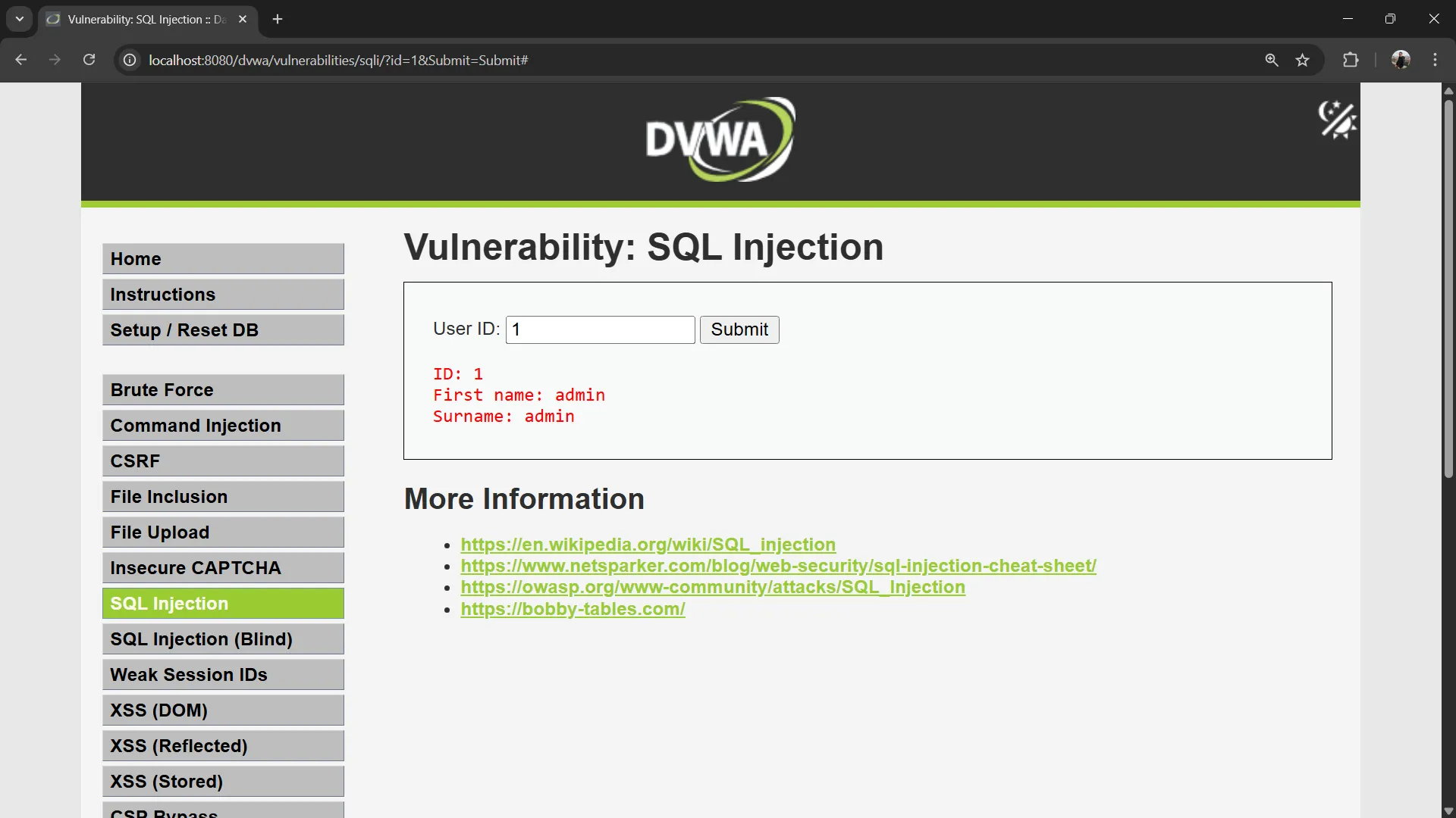 DVWA SQL Injection Result for User ID 1 DVWA SQL Injection ID 1 Result