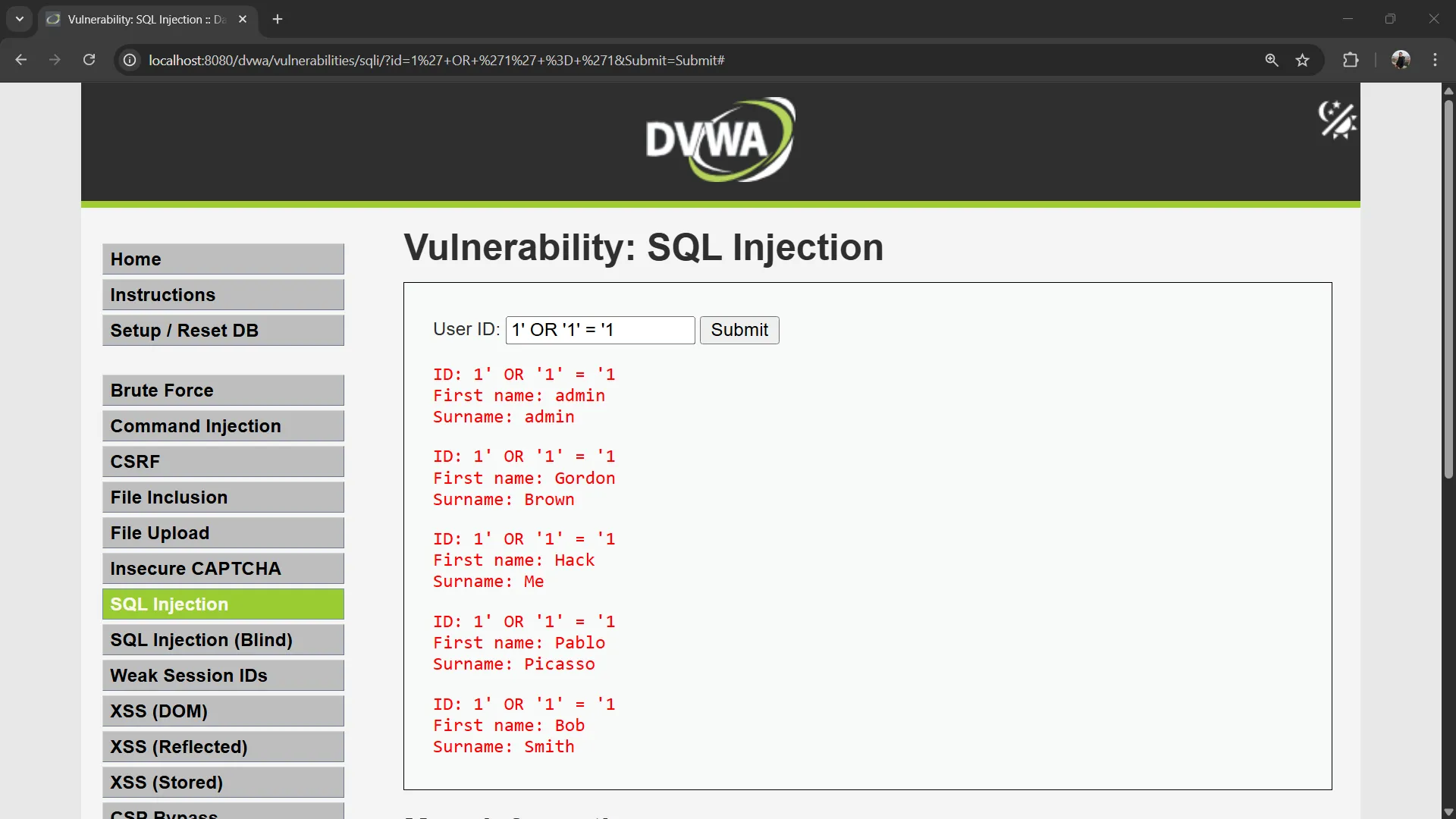 DVWA SQL Injection Always True Condition Result DVWA SQL Injection Always True