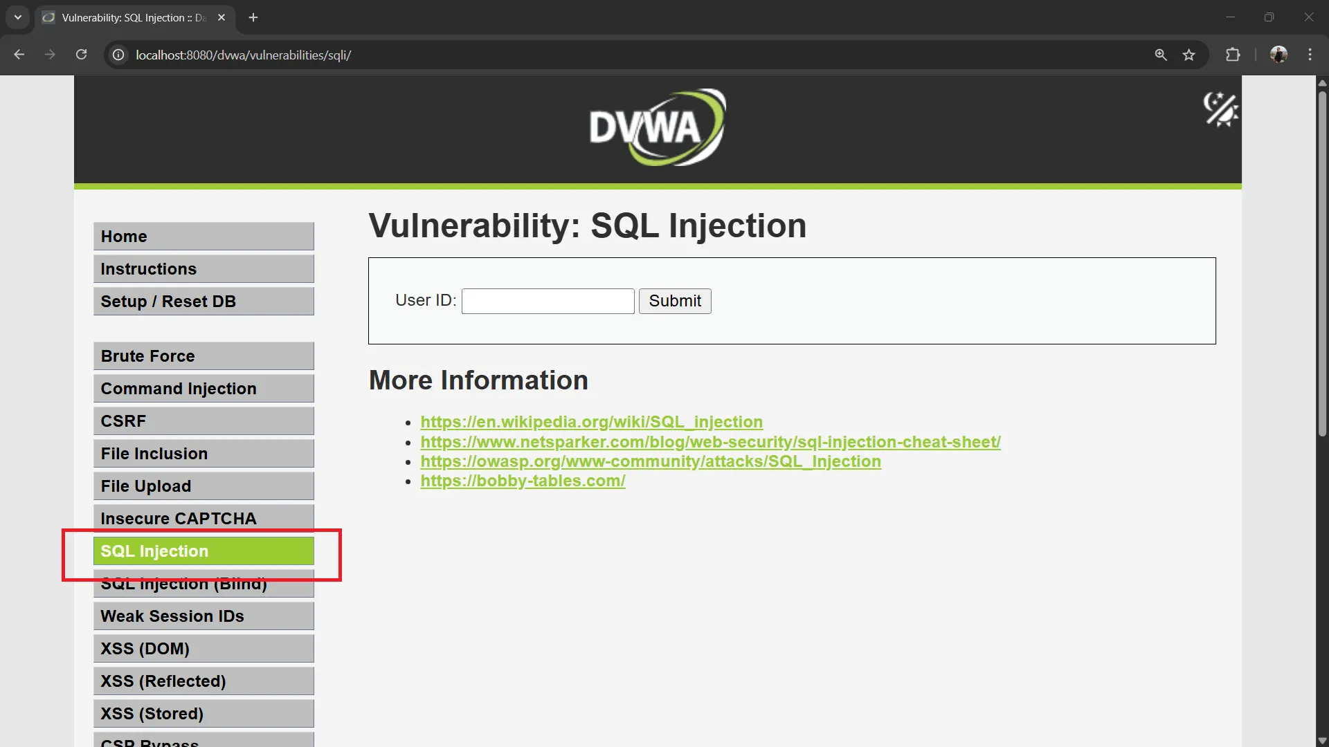 DVWA SQL Injection Page DVWA SQL Injection Page