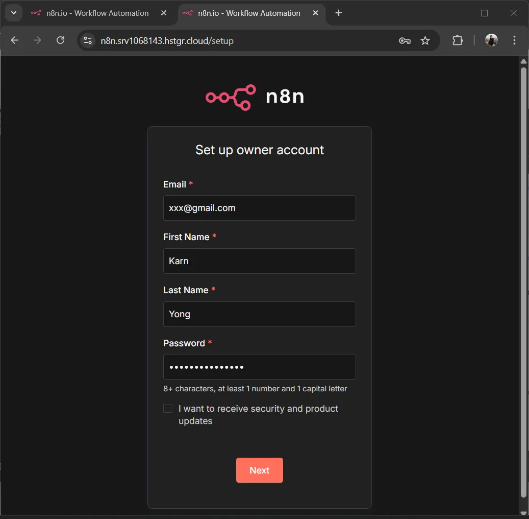 หน้า Setup n8n หน้า Setup n8n