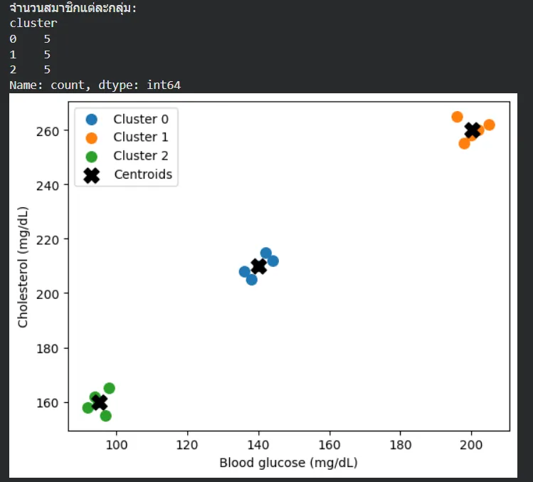 Patient Clustering Result ผลลัพธ์ K-Means Clustering: จุดผู้ป่วยแบ่งเป็น 3 กลุ่ม พร้อมเครื่องหมาย X แสดงตำแหน่ง Centroid ของแต่ละกลุ่ม