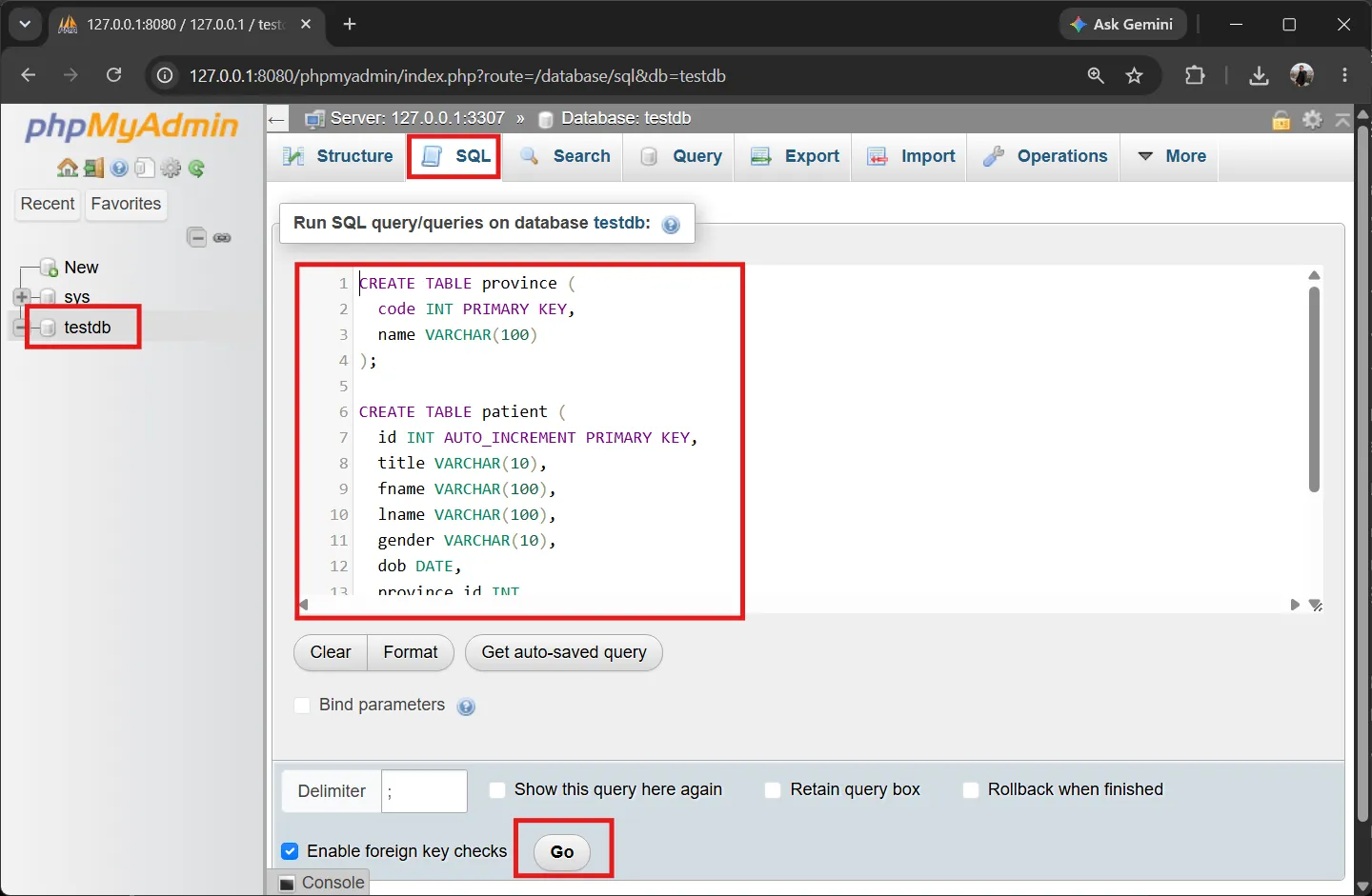 phpMyAdmin - สร้างตาราง province และ patient phpMyAdmin - สร้างตาราง