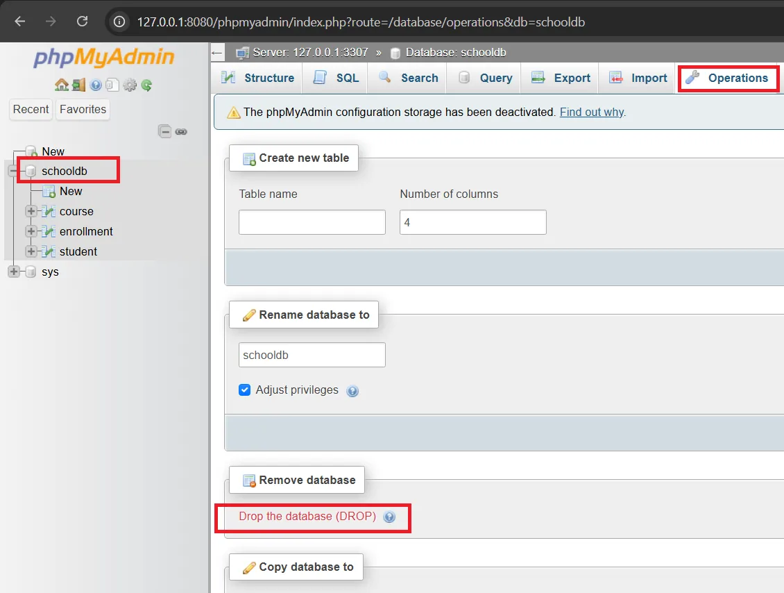 phpMyAdmin - Dropping database via Operations > Drop the database phpMyAdmin Drop Database