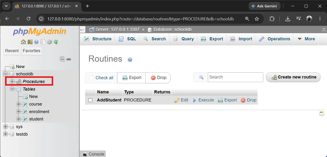phpMyAdmin - Viewing all Stored Procedures in schooldb phpMyAdmin Procedures