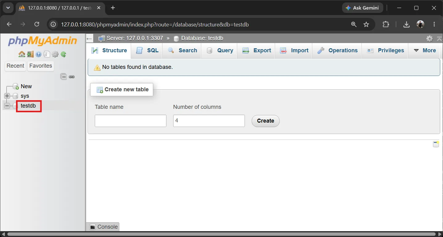phpMyAdmin - ฐานข้อมูล testdb ที่สร้างแล้ว พร้อมใช้งาน phpMyAdmin - testdb