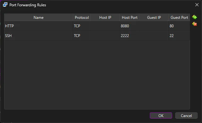 VirtualBox Port Forwarding Settings Port Forwarding Settings