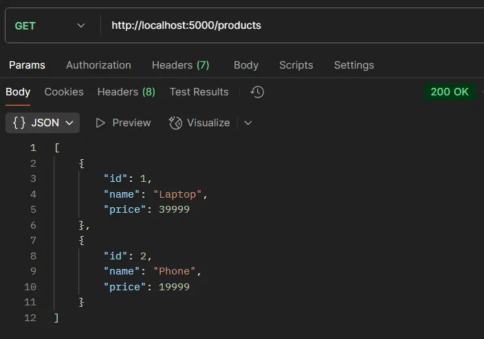 ตัวอย่างการทดสอบ API GET /products ตัวอย่างการทดสอบ API GET /products