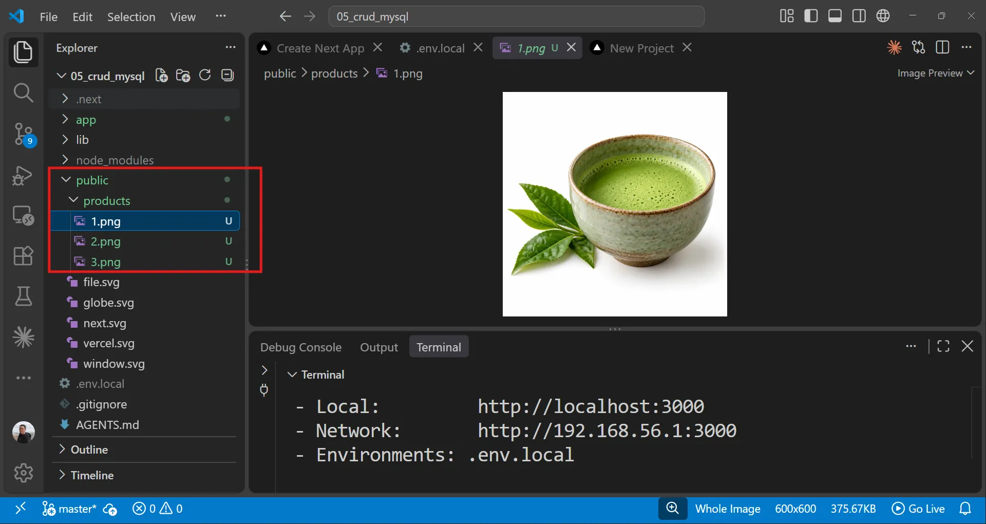 วางไฟล์ 1.png, 2.png, 3.png ไว้ที่ public/products/ โครงสร้างโฟลเดอร์ public/products ใน VS Code