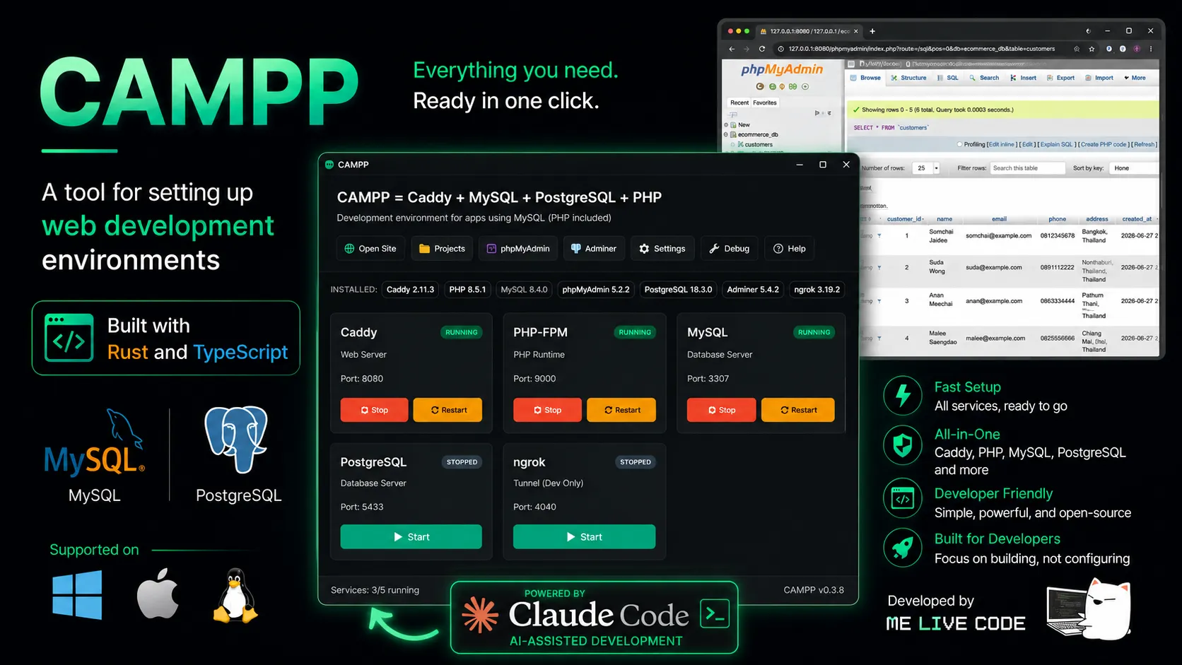 CAMPP — เครื่องมือติดตั้งสภาพแวดล้อมการพัฒนาเว็บ รองรับ Windows, Linux และ macOS CAMPP