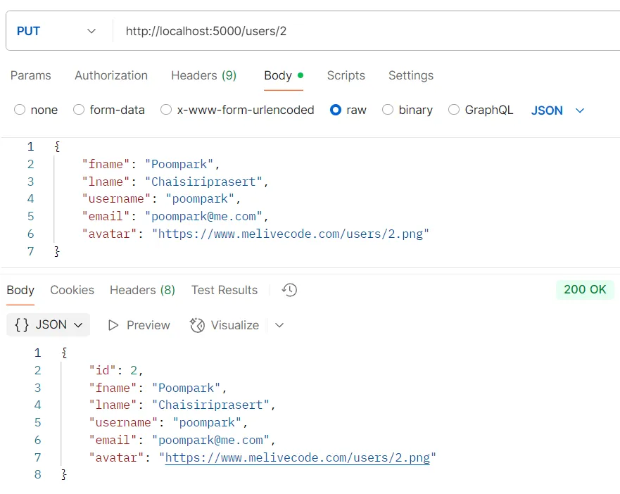 ตัวอย่างการทดสอบ API PUT /users/:id ตัวอย่างการทดสอบ API PUT /users/:id