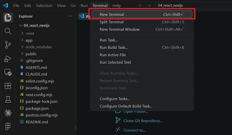 Terminal → New Terminal เปิด New Terminal จากเมนู Terminal ใน VS Code