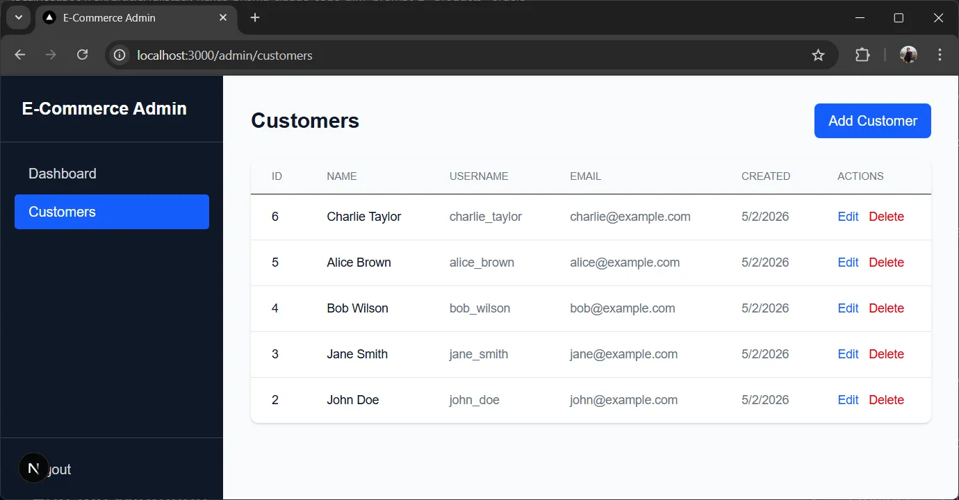 Admin customers page Admin customers page — customer list with CRUD actions