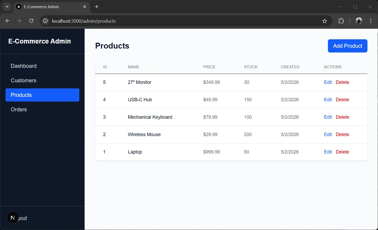 Admin products page Admin products page